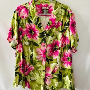 Jamaica Bay Womens Green Short Sleeve Floral Button Up Hawaiian Shirt Size 1X